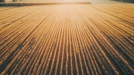 Poster - Aerial view of golden wheat fields at sunset highlighting patterns and textures with ample space for text and branding applications
