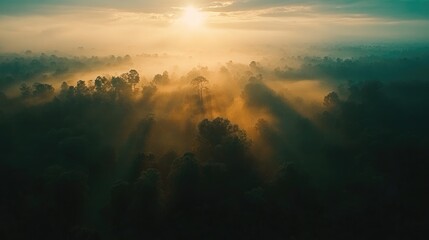 Poster - Aerial view of lush tropical rainforest at sunrise highlighting natural beauty and biodiversity in serene atmospheric light