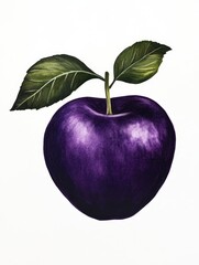 Wall Mural - Dark Purple Apple with Green Leaves - A single dark purple apple with two vibrant green leaves, symbolizing mystery, richness, health, nature, and abundance.