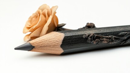 Poster - Artistic close-up of a unique pencil with a rose on a white background showcasing creativity and elegance in stationery design.
