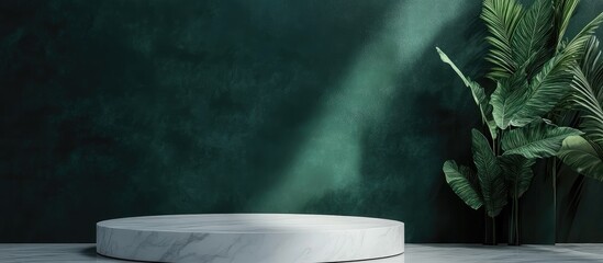 Poster - Elegant dark green marble background with natural elements ideal for product showcase and promotional designs featuring ample text space.