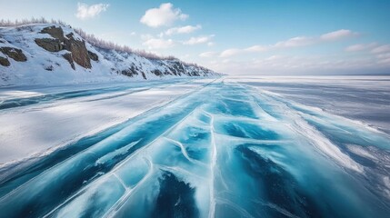 Aufkleber - mesmerizing frozen lake with intricate ice formations and stunning blue hues under a clear sky and s