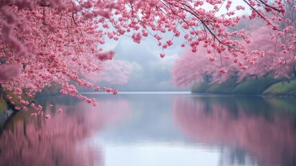 Poster - Serene reflections of cherry blossoms in springtime by tranquil waters surrounded by lush greenery and misty atmosphere.