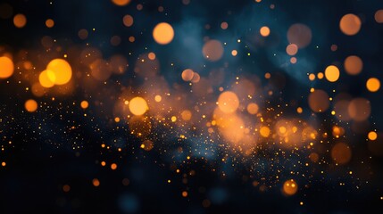 Poster - Abstract dark background with shimmering golden bokeh effects creating a dreamy atmospheric texture perfect for wallpapers and design projects.