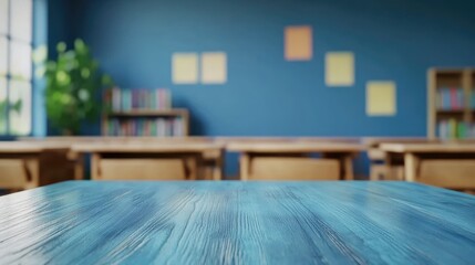 Aufkleber - Wooden Tabletop Display Mockup in Modern Classroom Setting with Blue Background Ideal for Educational Product Presentation and Advertising