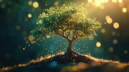 Aufkleber - Enchanting bokeh background featuring a vibrant tree illuminated by warm sunlight creating a magical atmosphere in nature
