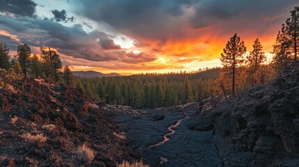 Poster - Stunning Sunset Over Lava Flows and Forest Landscape in National Park