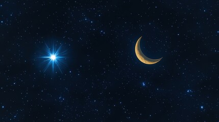 Wall Mural - a crescent moon and a bright star shine in the night sky. ideal for space, night, or dream-themed pr