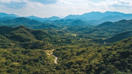 Poster - Aerial view of winding road meandering through lush mountainous forest landscape with expansive sky ideal for text or graphic overlay