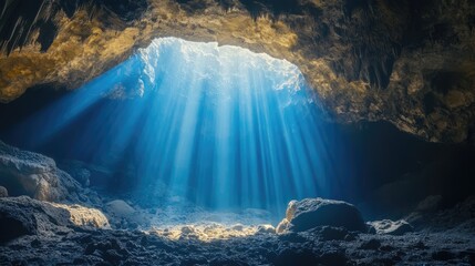 Poster - Majestic sunlight beams illuminating a serene cave interior with rocky formations and tranquil atmosphere.