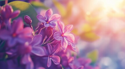 Poster - Vibrant lilac flowers bloom in a sunlit garden surrounded by lush green leaves creating a serene and picturesque natural scene