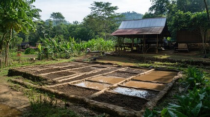 Aufkleber - Rice Farm Soil Preparation with Plowed Fields and Lush Greenery Ready for Planting Season in a Serene Asian Landscape
