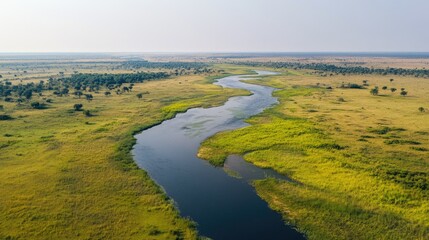 Aufkleber - Aerial view of pristine landscape featuring a winding river amidst lush greenery and open fields in natural serene environment