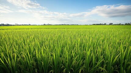Poster - Lush green rice field with waving leaves under a clear blue sky showcasing the beauty of agricultural landscapes in nature.