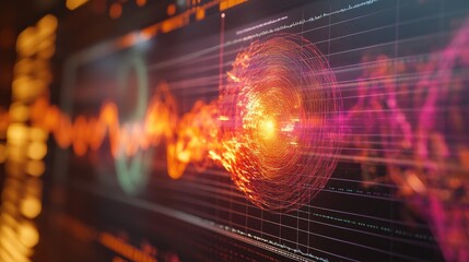 Poster - A close-up of electromagnetic radiation waves visualized on a computer screen, with data analysis in progress.