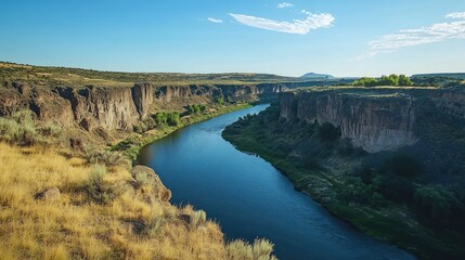 Poster - Breathtaking landscape featuring a winding river canyon amidst rocky cliffs and lush greenery under a clear blue sky