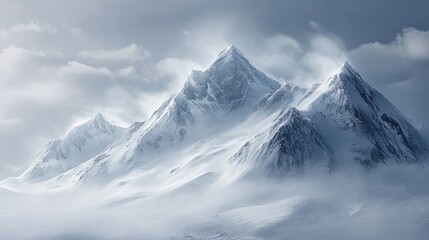 Aufkleber - Majestic snow-capped mountain peaks shrouded in clouds creating a serene and tranquil winter landscape atmosphere