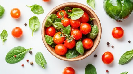 Aufkleber - Vibrant grape tomatoes with fresh spinach leaves in a wooden bowl on a white background showcasing healthy vegan food concept