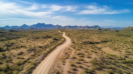 Poster - Aerial View of Curved Dirt Road Through Barren Desert Landscape with Clear Sky and Space for Text or Creative Design