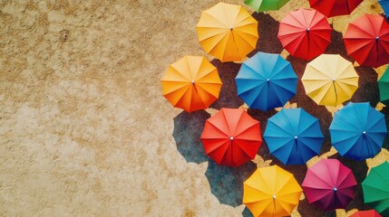 Aufkleber - Aerial view of colorful umbrellas on a dry surface with ample space for text placement and creative projects