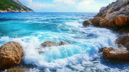 Poster - Serene coastal scene with turquoise waves crashing against rocky shoreline under a bright blue sky ideal for nature and travel themes.