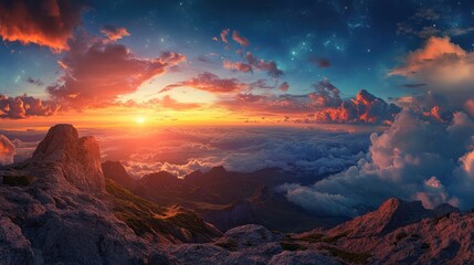 Aufkleber - Breathtaking Panoramic Sunset Over Mountainous Landscape with Vibrant Colors and Dramatic Clouds