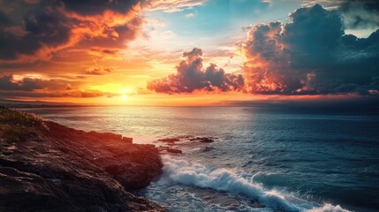Aufkleber - Breathtaking coastal sunset with dramatic clouds reflecting on calm ocean waters creating a serene natural landscape scene