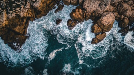 Leinwandbilder - Aerial view of ocean waves crashing on rocky coastline with ample empty space for text overlay and creative projects