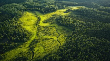 Poster - Breathtaking aerial view of lush green fields and dense forests from a mountain summit under clear skies