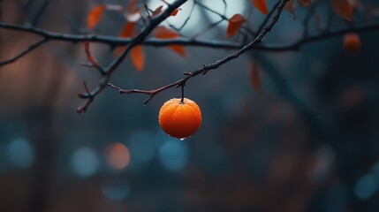 Aufkleber - Macro shot of a vibrant orange fruit hanging from a tree branch with a softly blurred background in autumn hues
