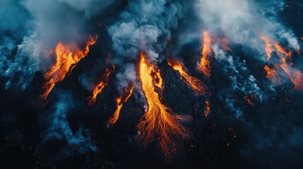 Poster - Aerial View of Lavascape Erupting from Volcano with Dramatic Smoke and Copyspace for Text Integration