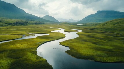Poster - Aerial view of a meandering river through lush marshlands and green valleys under a dramatic cloudy sky suitable for text placement