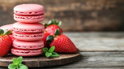 Poster - A stack of strawberry macarons with a soft pink hue, placed on a vintage wooden board, with fresh strawberries and mint leaves in the background.