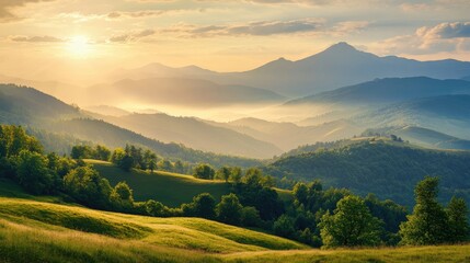 Poster - Breathtaking Mountain Landscape with Golden Sunset Over Verdant Hills and Misty Valleys in Summer Scenery