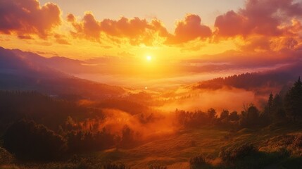 Aufkleber - Stunning Sunrise Over Rolling Hills with Vibrant Clouds and Misty Landscape at Dawn