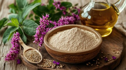 Poster - Amaranth flour in wooden bowl with seeds and oil surrounded by flowers and leaves on rustic wooden background for healthy cooking concept