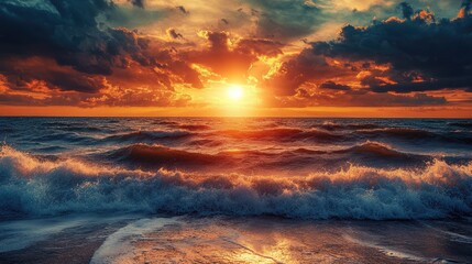 Aufkleber - Stunning sunset over ocean waves with dramatic clouds creating a serene and vibrant coastal landscape atmosphere