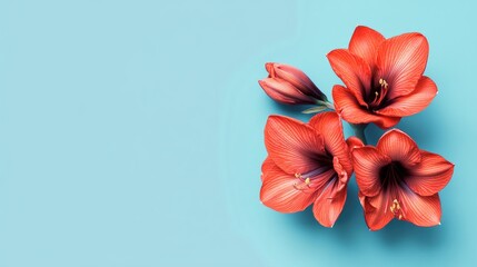 Poster - Amaryllis red flowers on a vibrant blue backdrop showcasing elegant petals and buds in a stunning floral arrangement.