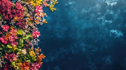 Poster - Aerial view of colorful floral arrangement on deep blue background ideal for text placement and design projects