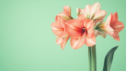 Poster - Amaryllis flowers showcasing vibrant blooms against a soft green background highlighting their beauty and delicacy in floral design.