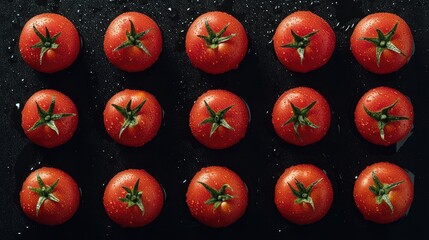 Aufkleber - Vibrant red tomatoes with water droplets arranged in a neat grid showcasing their fresh appearance and unique shapes on a dark background
