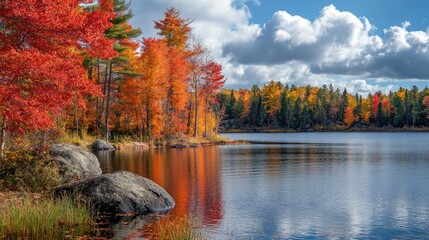 Aufkleber - Vibrant autumn scene with stunning red and orange foliage reflecting on a tranquil lake under a blue sky with fluffy clouds