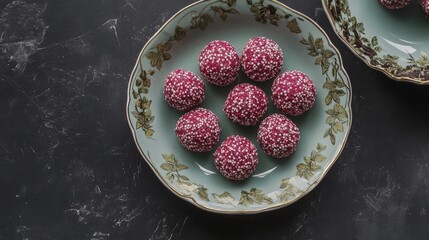 Poster - Amaranth ladoo garnished with white seeds arranged on vintage plate against dark background