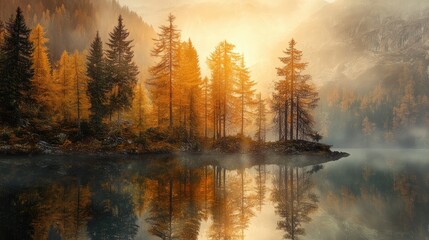 Aufkleber - Autumn Reflections at Morskie Oko Lake in Tatra Mountains Serene Landscape with Vibrant Trees and Tranquil Water Surface