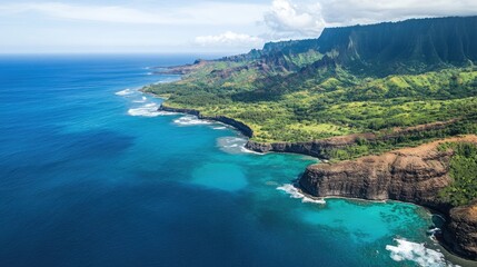 Aufkleber - Aerial perspective of vibrant turquoise ocean meeting rugged coastline and lush green landscapes under a cloudy sky