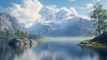 Poster - Stunning Mountain Landscape with Serene Lake and Lush Greenery Under a Clear Sky