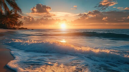 Aufkleber - Stunning sunrise over ocean waves with vibrant colors and palm trees silhouetted against a serene beach landscape