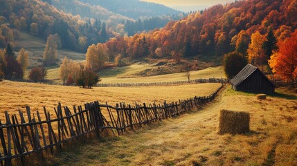 Poster - Autumn landscape with wooden fence and haystack in a serene rural valley surrounded by vibrant fall foliage