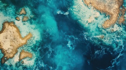 Poster - Aerial view of vibrant turquoise lagoon and coral reef showcasing natural beauty and clear blue skies
