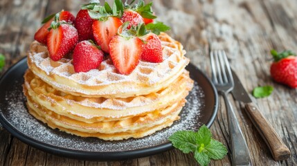 Poster - A stack of waffles on a rustic wooden table, topped with fresh strawberries and powdered sugar. A fork and knife are neatly placed beside the plate.
